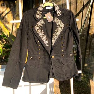 NEW Nicola Berti Black Cotton Embroidered Studs Beads Italian Jacket Blazer S